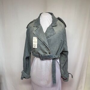 Cropped Denim Jacket Women Small Belted Jean Jacket Raw Hem Blue Indie Y2K